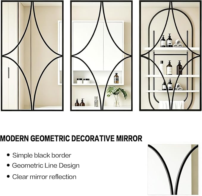 Set of 3 Large Rectangular Wall Mirror, Black Rust Resistant Metal Frame Decorative Mirror,Multi-Shape Layout Wall Mount Mirror for Living Room Bedroom Entryway,Dual Use Decor Grooming - Image 8