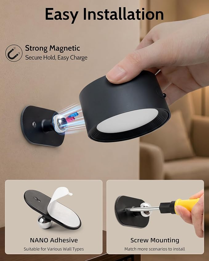 LED Wall Mounted Lights, Rechargeable Wall Sconces, 3 Color Temps, Remote & Touch, 360° Rotating and Dimmable for Bedroom, Bedside & Reading (Black, 3 Pack) - Image 9