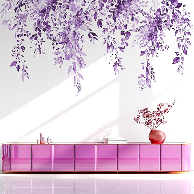 Purple Plants Leaves Hanging Vines Wall Decals, Floral Flower Wall Stickers | Watercolor vine leaf peel and stick wall decor, removable self‑adhesive vinyl wall art mural for bedroom living room - Image 5