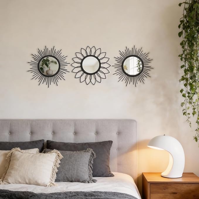 Set of 3 Black Metal Sunburst Wall Mirrors - 12" Round Decorative Art for Living Room Bedroom Bathroom Entryway, No Assembly Required, Rust Resistant Design - Image 6