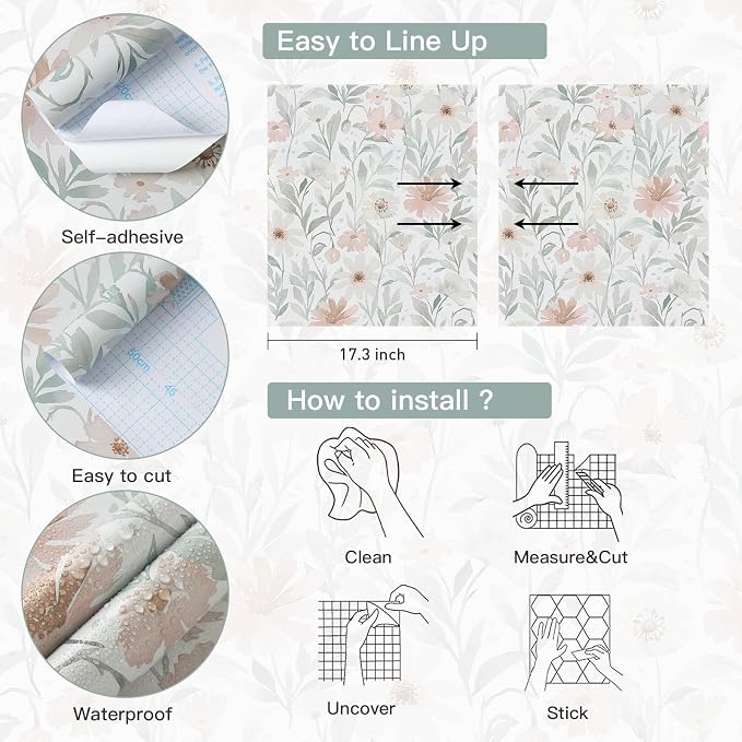 Peel and Stick Wallpaper Pink and Green Floral Wall Paper French Country Vintage Contact Paper Neutral Botanical Self Adhesive Removable Wallpaper for Kitchen Living Room Bathroom Bedroom 17.3" × 197" - Image 5