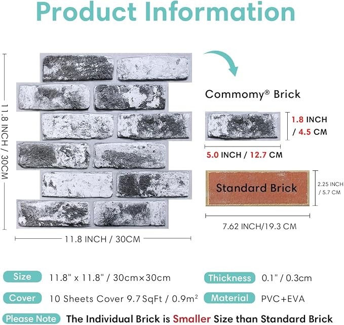 Commomy Faux Brick Panels Peel and Stick Wall Stickers 10 Pcs 11.8" x 11.8" | Small Size Thin PVC Wash Grey Fake 3D Brick Wallpaper for Kitchen,Fireplace,Home Office,Wall Covering Decor(Covers 9.7 sq.ft) - Image 4