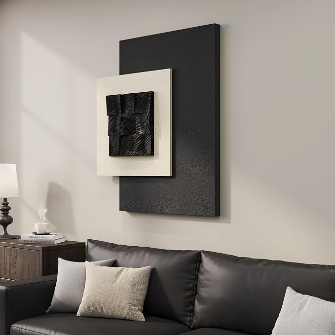 Large Wood Abstract Wall Art for Living Room, Modern 3D Artwork for Walls | Black and white textured paintings, Big woodern layered sculpture, Bedroom dining room office wall decor aesthetic - Image 2
