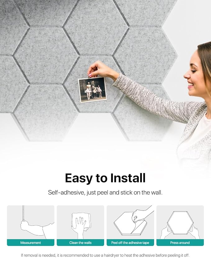 Soundsbay Hexagon Acoustic Panels, Self-Adhesive 18 Pack Sound Panels | 150kg/m³ High-Density Polyester, Covers 15 sq ft Soundproof Wall Panels for Walls, Office, Ceiling 12" X 10" Gray - Image 8