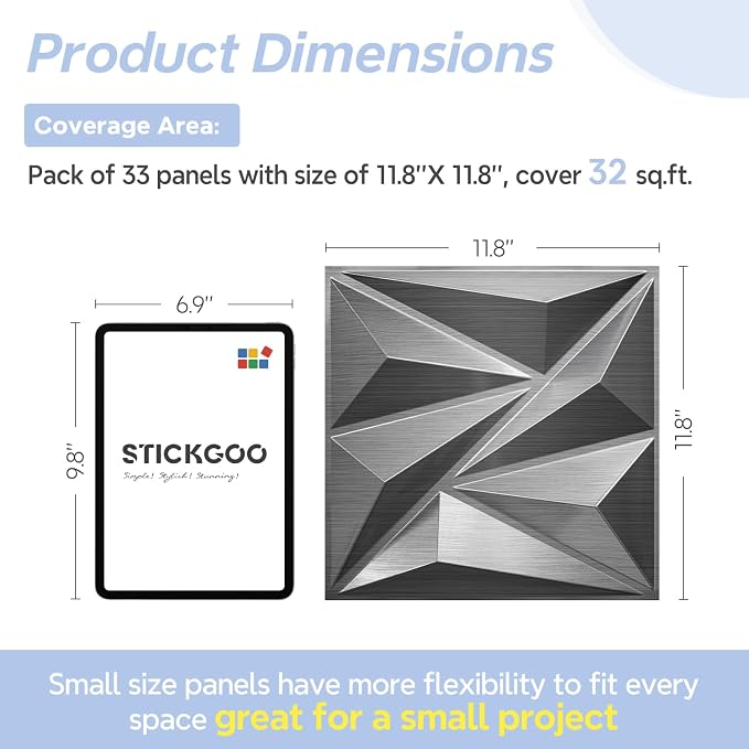 STICKGOO 3D Wall Panels Diamond, Brushed Silver, 12''x12'', 33 Pack | Accent Wall Panels for Interior Wall Decor, Living Room, Bedroom Office, Cover 32.Sq.Ft - Image 6