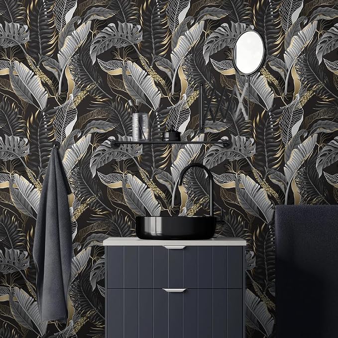 MuralPeel Black Gold Tropical Plant Leaf Modern Dark/Black/Grey Peel and Stick Wallpaper Self Adhesive Removable Easy Peel Off Contact Stick on Wall Paper for Bedroom Renter - Image 3