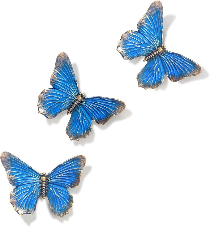 GUSFREUD 3D Butterfly Wall Decor Set – Resin Wall Decor for Living Room, Bedroom, Bathroom, Dining Room, Outdoor and Gallery Walls - Antique Blue - Set of 3 by GUSFREUD