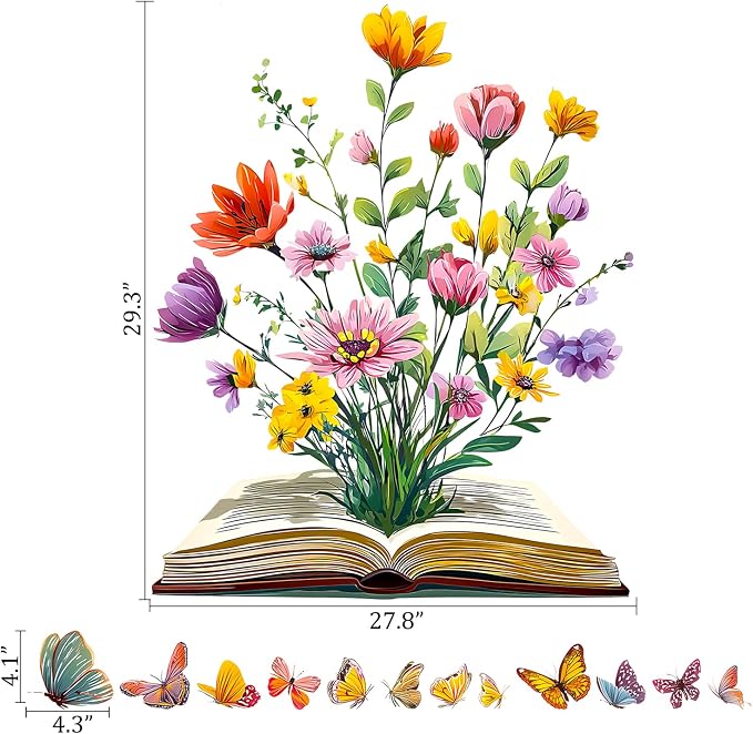 Book Flower Wall Decals Peel and Stick, Floral Butterfly Wall Stickers, Removable Vinyl Art Wall Decor for Kids Room Library Study Reading Nook Bedroom Classroom School Home Decoration - Image 2