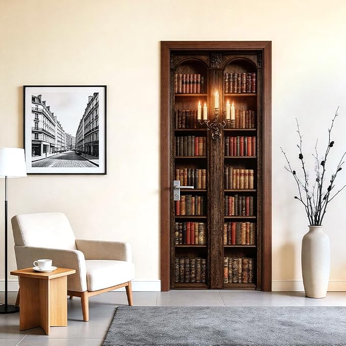 Dark Library Door Mural, Vintage Bookshelf Room Decor | Peel-and-stick vinyl door decal, self-adhesive home decor wallpaper, 30.3" W x 78.7" L, 2-pack - Image 2