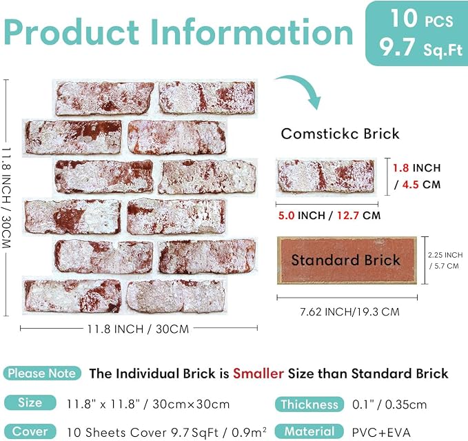 Commomy Faux Brick Wall Panels Peel and Stick Thin PVC 10 Pcs 11.8" x 11.8" | Small Size Thin PVC Fake 3D Brick Wallpaper for Kitchen,Fireplace,Home Office,Wall Covering Decor(Covers 9.7 sq.ft) - Image 4