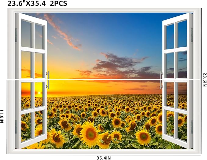 Self-Adhesive Wall Sticker Romantic Living Room Bedroom Study Office Decorative Wall Sticker Ocean Scenery Fake Window Sticker Mural (Sunflower, 23.6"×35.4") - Image 2