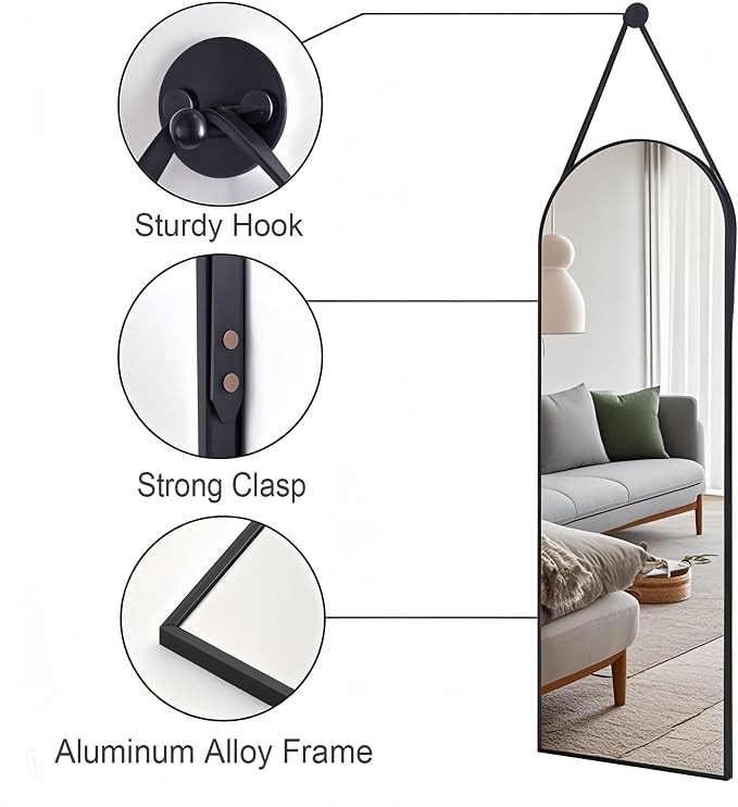 Dewfig 48"x16" Arched Full Length Mirror, Wall Mirror, Leather Strap, Black - Image 5