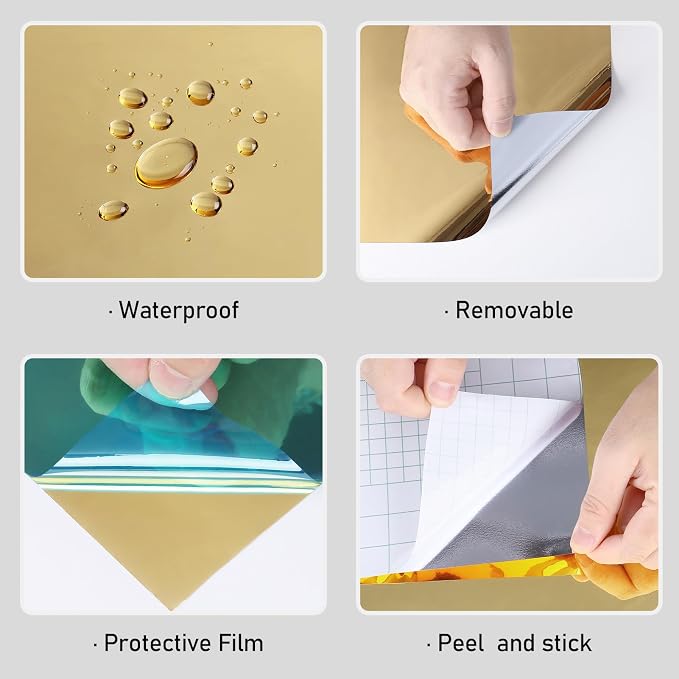 Wallercity Glossy Gold Mirror Stickers Waterproof Metallic Peel and Stick Wallpaper for DIY Decor Metallic Mirrors Contact Paper for Walls Countertops Dresser Shelf Flexible Adhesive Sheets 12''x236'' - Image 8