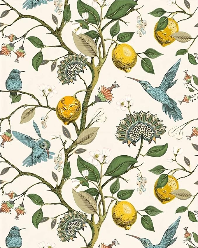 Blue Bird Wallpaper Fresh Lemon Tree Peel and Stick Wallpaper | Vintage Botanical Bird Fruit Self Adhesive Wall Paper Removable Waterproof Prepasted Contact Paper Wall Mural 17.7in x 9.8ft by Meihodan
