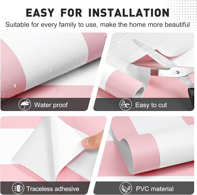 Pink and White Striped Wallpaper Peel and Stick Wallpaper Self-Adhesive Removable Waterproof Wall Paper for Walls Modern Vinyl Film 17.3”x300” - Image 2