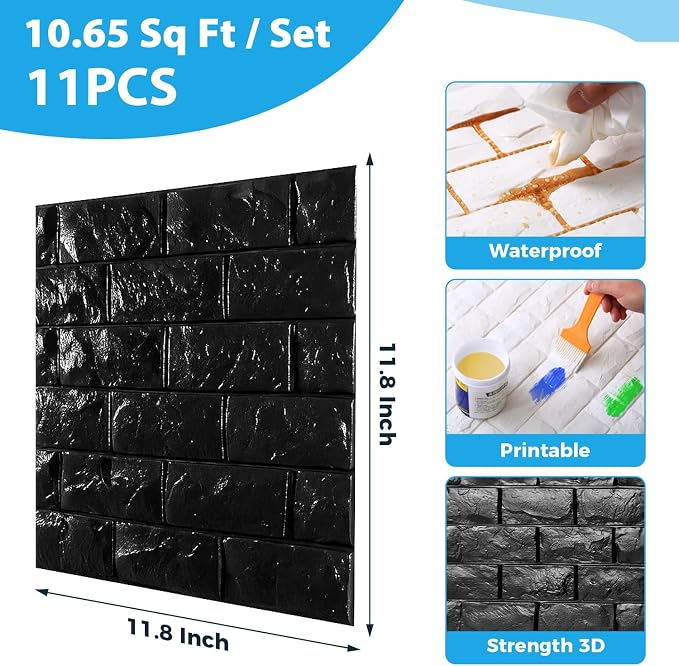 Circloophs 3D Wall Panels Stick and Peel, Black Brick Printable 3D Wallpaper Stick and Peel Self Adhesive Waterproof Foam Faux Brick Paneling for Bedroom, Bathroom, Kitchen, Fireplace (11, Black) - Image 2