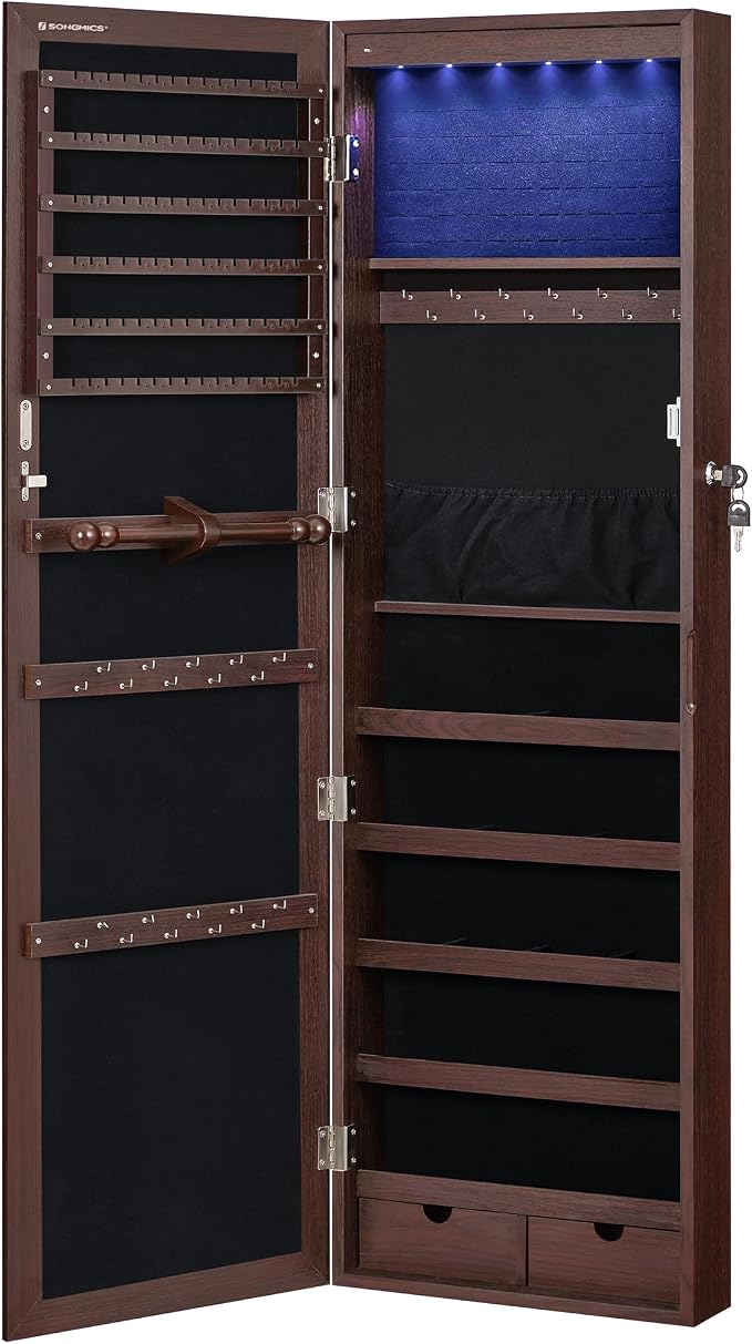 SONGMICS 6 LEDs Mirror Jewelry Cabinet, 47.2-Inch Tall, Lockable - Image 9