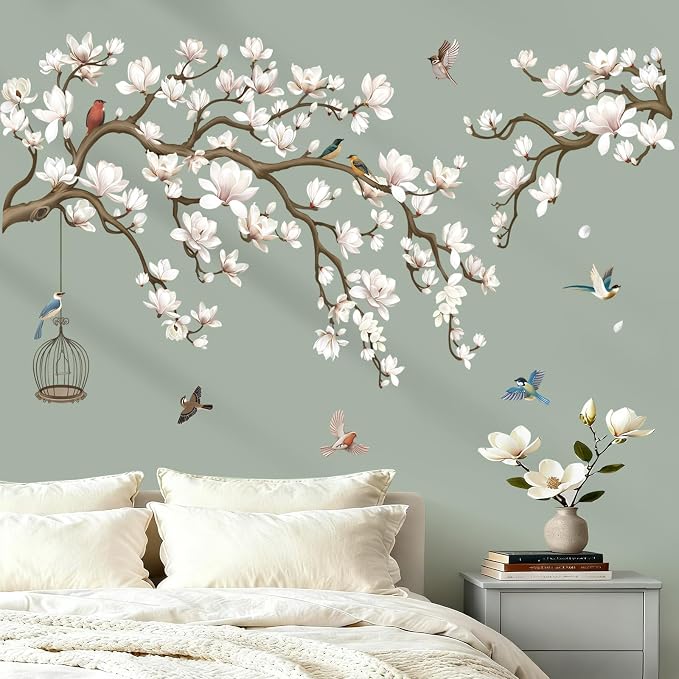 wondever Magnolia Tree Branch Wall Decals White Flowers Wall Stickers | Peel and Stick, Removable, Wall Art Decals, Wall Decoration, Living Room Bedroom, Office Sofa TV Home Wall Decor - Image 3