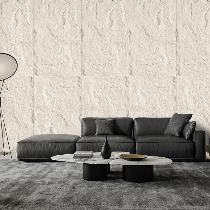 4Pcs Faux Stone Wall Panel 43.3''x23.6'',Lava Stone Design, Cream | PU Stone Wall Panel for Interior Wall Decor, Bedroom, Living Room, Office - Image 3