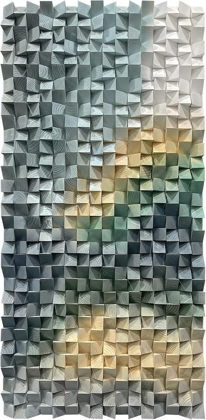 LIUZEYUE 3D Wood Wall Art Decor with Layered Pine Geometry, Pine Mosaic | large 3D wood wall art; cool sage and gold, hand-arranged pine blocks; dining area large-wall accent; 31.5 x 63 in - Image 2