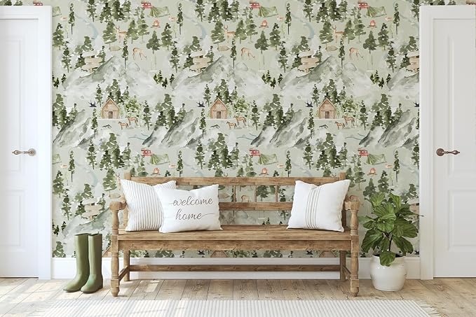 Wilderness Retreat Watercolor Wallpaper Peel and Stick Forest Mural Woodland Animals Alpine Landscape Mural Wall Decals for Bedroom Nursery 118" X 17.4" - Image 7