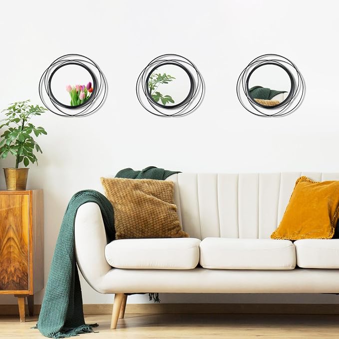 3 Set Round Mirrors for Wall Decor Living Room Bedroom Bathroom Dining Room Metal Circle Mirror Set Boho Decorative Sunburst Wall Art Accent Entryway - Black 9.5 in - Image 2