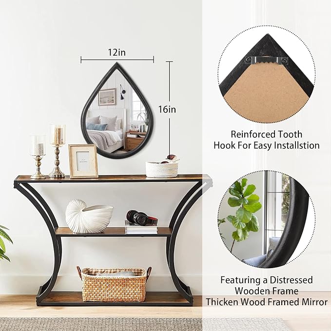 Wood Frame Teardrop Mirror Black Wall Hanging Mirrors Farmhouse Small Decorative Mirrors Oval Unique Mirror for Bathroom Living Room Entryway Hallway - Image 5