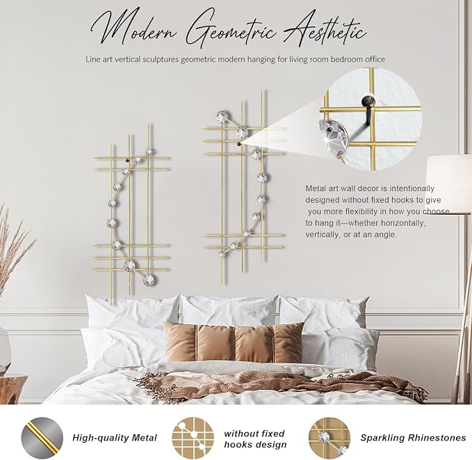 ZEXUIRU 2 Pcs Abstract Metal Art for Wall Decor Living Room Bedroom Bathroom Office Metal Bling Modern Geometric Hanging Vertical Small Iron Sculpture Plaque Pack -Gold 24in - Image 4