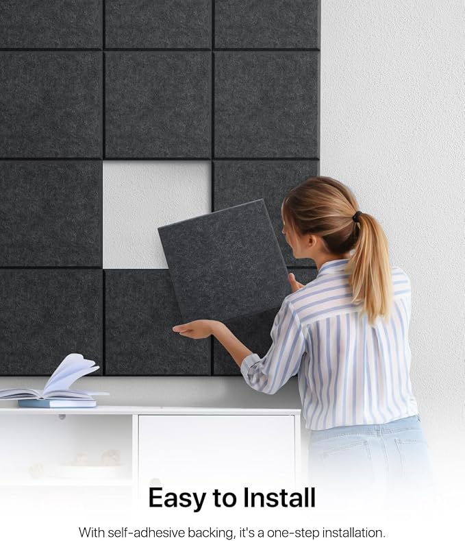 Soundsbay Self-Adhesive Soundproof Wall Panels 18 Pack 12"x12" Black | Square Acoustic Panels, 150kg/m³ High Density Covers 18 sq ft, Sound Proof Panels for Walls, Home Office, Bedroom - Image 6