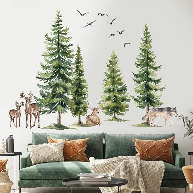 Green Pine Tree Wall Sticker Woodland Animals Wall Decal Peel and Stick Forest Wall Art Mural Deer Wolf Bird Wall Stickers for Bedroom Decor by Aurbhosa