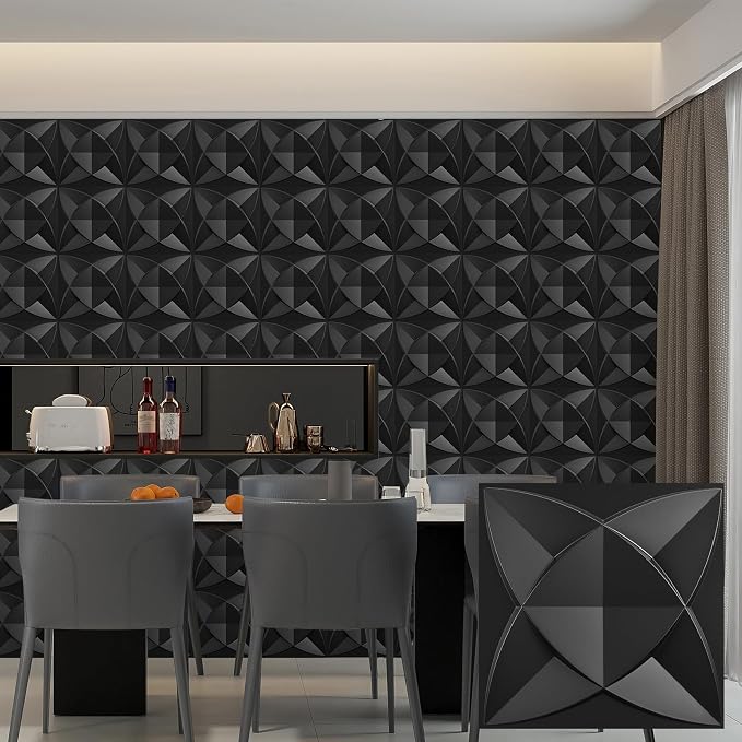 Heikki 30 Pack 3D Wall Panel for Interior Wall Décor, PVC Flower Textured Wall Panels for Living Room Bedroom Hotel Office, 11.8"x11.8", Double-Sided Tape (Black-LJH) by YourBestChoices