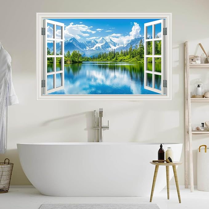Fake Window Wall Decal Snow Mountain Lake Forest Wall Sticker Faux Window Poster Picture Open Wall Art Decor, Stick and Peel Landscape Natural Scenery Canvas Scene Mural,16"x24" - Image 6