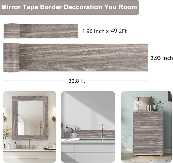 Alened 15M Grey Mirror Border Peel and Stick, Wood Grain Wallpaper Border - Image 4
