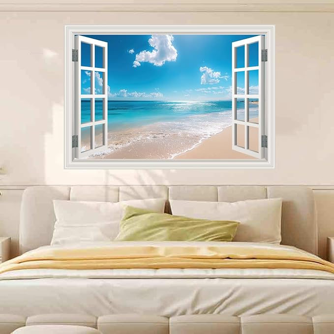 Fake Window Poster Wall Art Sticker - Summer Beach Faux Window Wall Mural for Wall Decor, Stick and Peel Wall Decals,48"x32",Set of 2 Sheets - Image 8