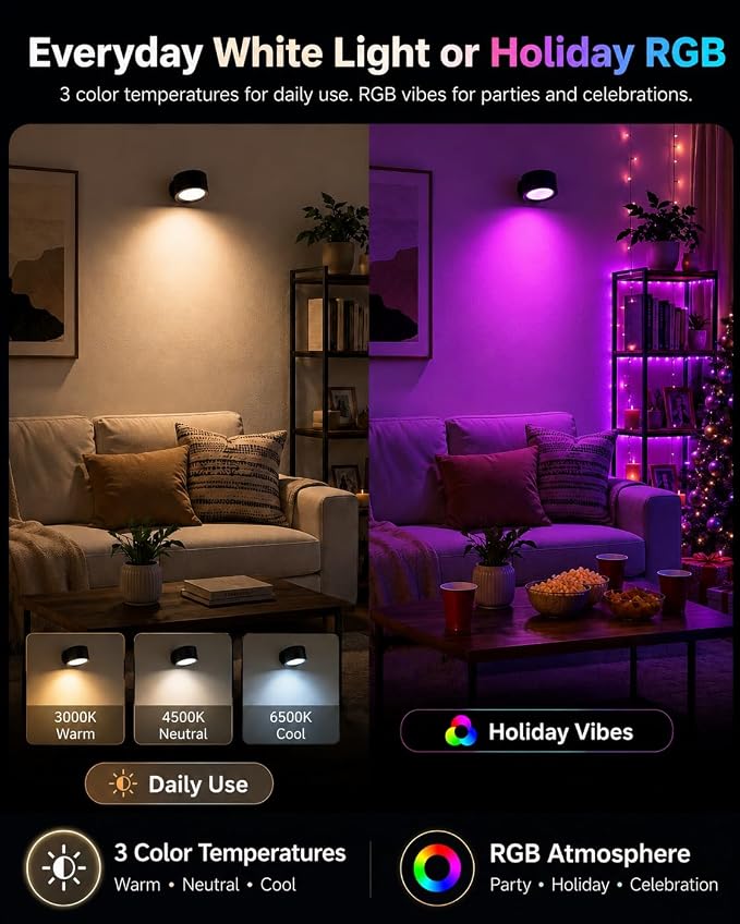 Rechargeable RGB Wall Sconces with Remote, Dimmable 360° Lights | 80 RGB Colors, 3 Color Temperatures, Remote and Touch Control, Ideal for Gaming Rooms and Bedrooms - Image 3