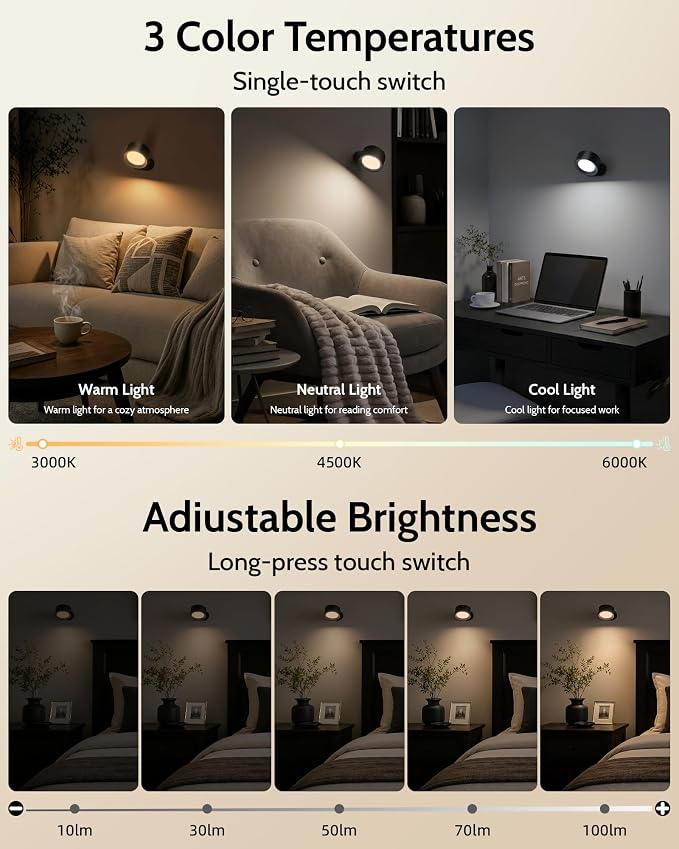 LED Wall Mounted Lights, Rechargeable Wall Sconces, 3 Color Temps, Remote & Touch, 360° Rotating and Dimmable for Bedroom, Bedside & Reading (Black, 2 Pack) - Image 6