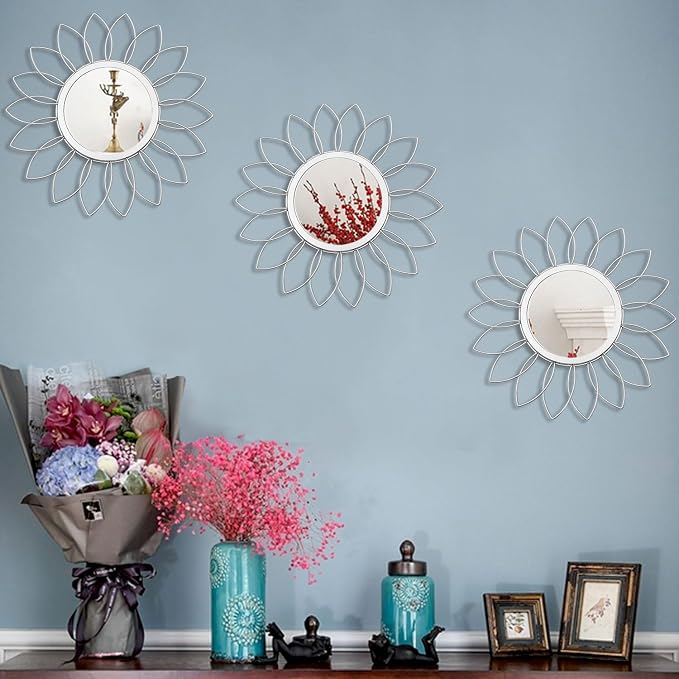 3 Pack Metal Mirrors for Wall Sunburst Wall Mirrors Home Décor Decorative Hanging Wall Art for Living Room Bedroom Entryway (Silver, Flowers) - Image 3