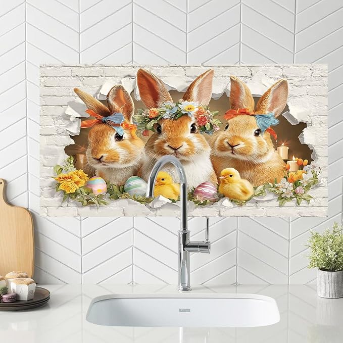 Easter Bunny Kitchen Backsplash Peel and Stick, 30x16 in | Flower-crowned bunnies bursting through brick wall with Easter eggs and chicks; flat 2D peel and stick; wipe clean; 30x16 in - Image 5