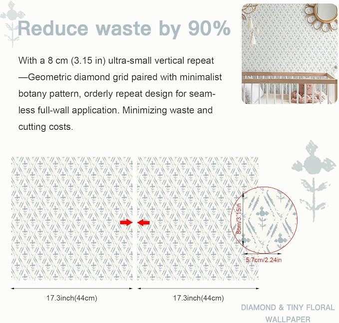 Heroad Blue Peel and Stick Wallpaper Farmhouse Tiny Floral Wall Paper 17.3''x393'' Vintage Rustic Cottage Contact Paper Geometric Self Adhesive Removable Wallpaper for Bedroom Kitchen Cabinet Decor - Image 2