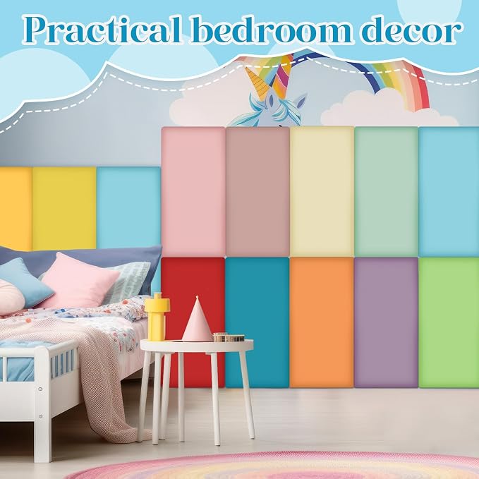 Hahafelt Wall Padding for Playroom Peel and Stick Headboard 3D Anti Collision Upholstered Wall Panels Self Adhesive Headboard(15.75" X 7.87" X 1.18",Rainbow Colors,12 Pack) - Image 7