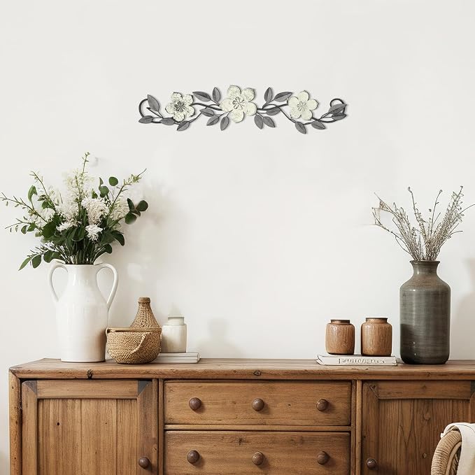 Wesiti Metal Flower Wall Decor Wrought Iron Scroll 15.7x3.7,White | Vintage Metal Flower decor,Farmhouse Leaf Art with Nails, Flat Not 3D Design, For Bedroom Kitchen Indoor Outdoor Wall Decor - Image 6