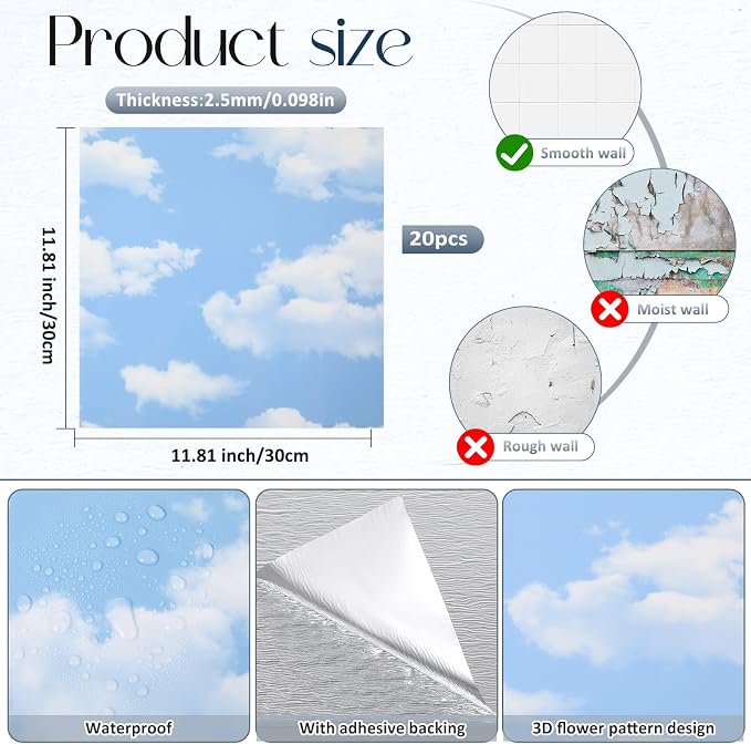 Nuanchu 40 Pcs 11.81 x 11.81 Inch Ceiling Tiles Peel and Stick, Sky | Foam White 3D Wall Panels 26-105.5 Sq. ft Adhesive Glue up Waterproof Wallpaper for DIY Office Home - Image 2