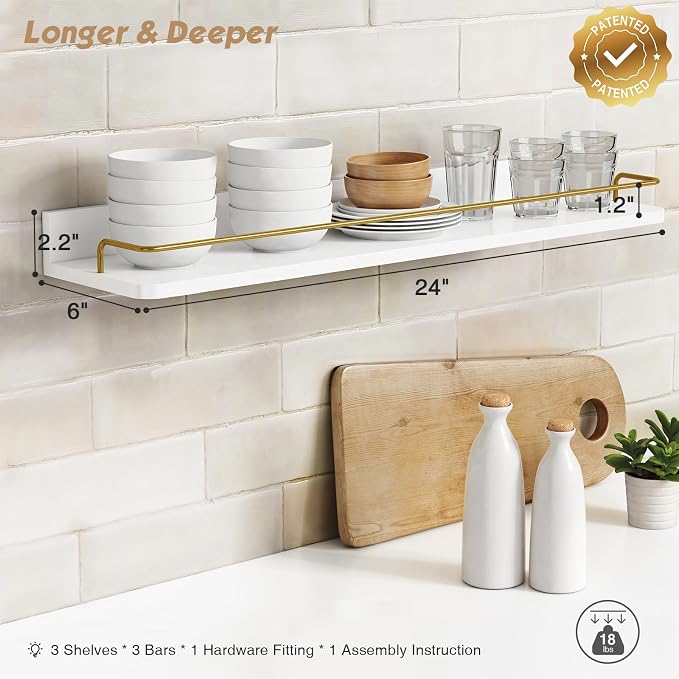 Forbena 24 Inch Bathroom Floating Shelves for Wall Set of 3, Gold Bathroom Shelves Over Toilet Wall Mounted with Rail, Decorative Hanging Shelf for Bedroom Office Living Room Decor (White and Gold) - Image 3