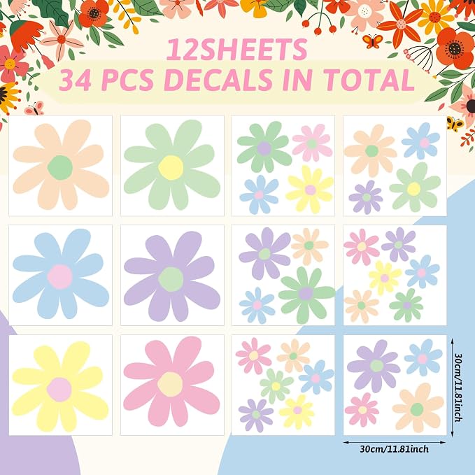 TaoBary 12 Sheet Colorful Daisy Wall Sticker Decal Large Flower Wall Decal | Big Flower Wall Sticker, Floral Decal, Daisy Bedroom Room Decor, Removable Peel and Stick, Nursery Home Wall Decor - Image 2