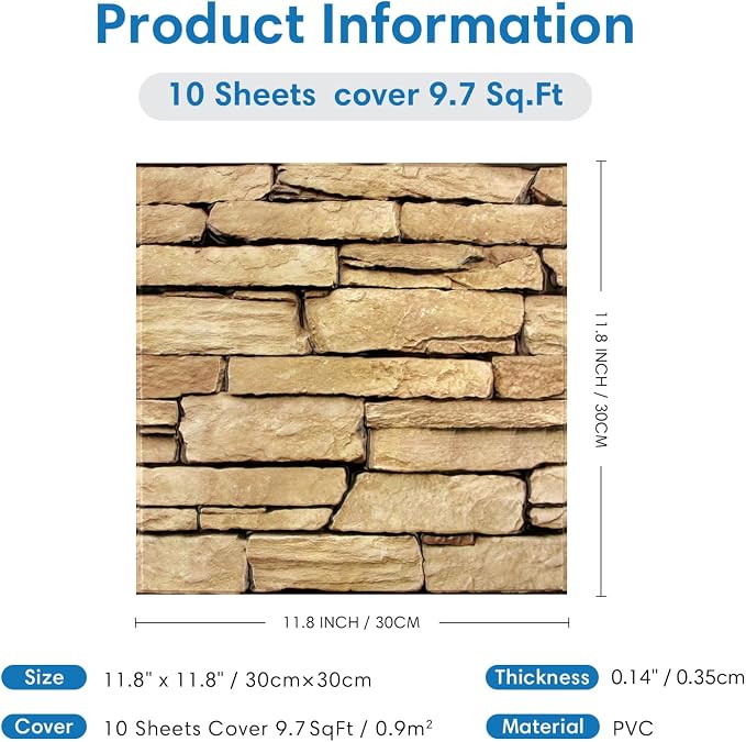 COMSTICKC 3D Peel and Stick Faux Stone Wall Panels for Quick DIY Wall Decor | Brown, 10 Pcs 11.8" x 11.8", Not Real Stone, Lightweight Thin PVC Decorative Tiles Wall Sticker Wallpaper, Cover 9.7 sq ft - Image 3