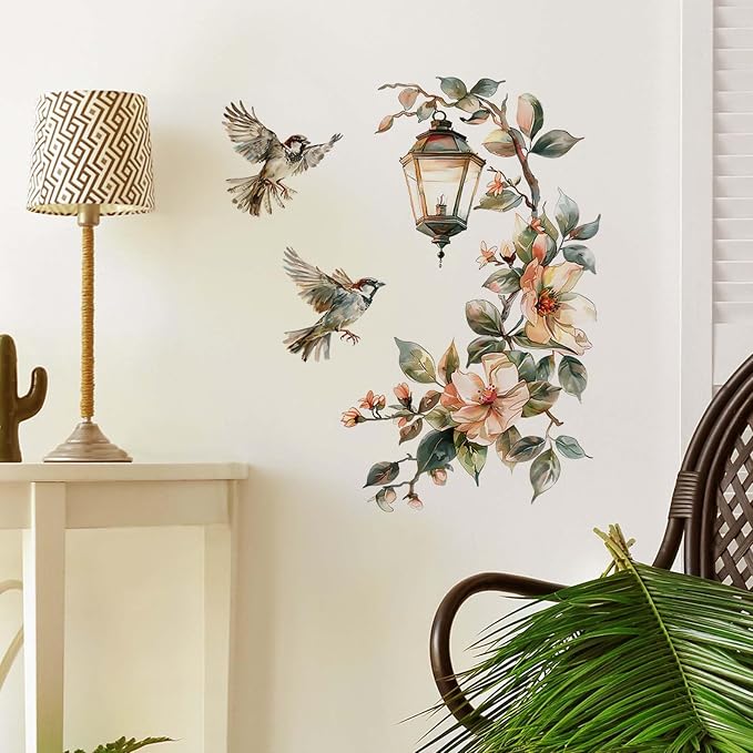 Chandelier Bird Wall Stickers Vintage Street Lamp Red Flower Wall Decor, Floral Art Wall Decals Vinyl Peel and Stick for Living Room Bedroom Nursery Playroom Door Home Decorations - Image 2