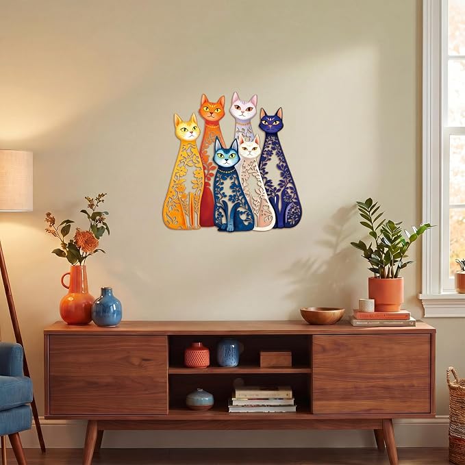 Wesiti 6 Pcs Iron Cat Wall Art, Colorful Mid Century Decor for Cat Lovers | Hollow Sculptures 11.42x11.22in Each, Retro Style for Living Room Bedroom Kitchen Office, Unique Gift for Enthusiasts - Image 3