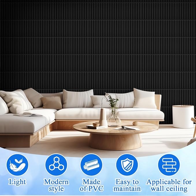 Nuanchu 90 Pcs 3D Wall Panels, 12"x12" PVC Fluted Tiles, Black | Waterproof Accent Panels, Paintable Wall Tiles, for TV Background, Bedroom, Bathroom, Gaming Room, Cuttable Home DIY Decor - Image 5