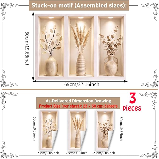 3D Pampas Grass Plant Wall Sticker Arch Niche – Modern Botanical Wall Decal | Self-Adhesive 3D Effect Wall Art for Living Room, Bedroom, Office, Boho Home Decor - Image 2