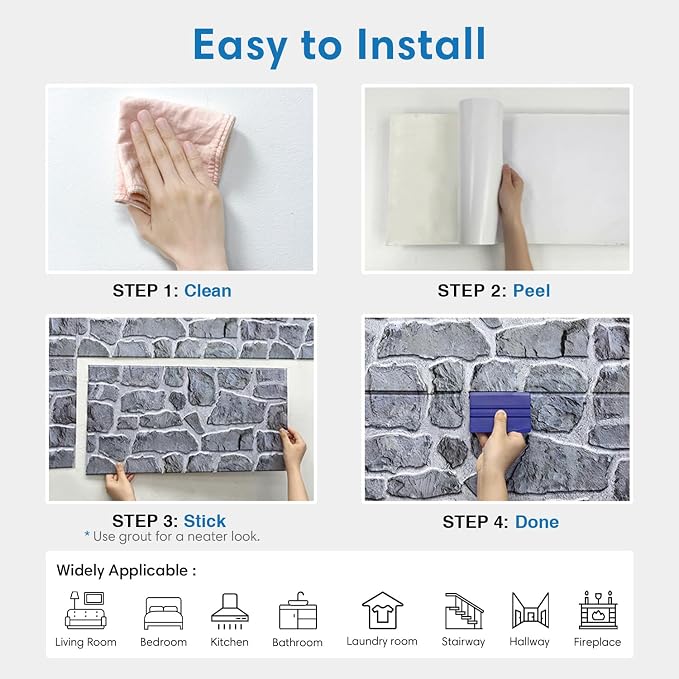 COMSTICKC 3D Faux Stone Wall Panels Peel and Stick, 12 Pcs 22.8" x 11.8" | Gray, Not Real Stone, Ultra-Light Thin PVC Wall Sticker, 3D Fake Rock Tiles Covering for DIY Interior Decor,Cover 22.48 sq ft - Image 8